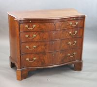 A George III mahogany and rosewood banded serpentine fronted chest, W. 3ft 7in. D. 1ft 10in. H. 2ft 11in.                              