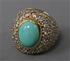 A yellow metal, turquoise and pave set diamond dress ring, size J.                                                                     