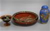 Two Carlton ware Temple and Mikado pattern red ground dishes and a similar blue ground jar and cover (3) largest diameter 28cm         