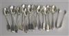 Seventeen assorted silver teaspoons, including a set of six and a pair of silver of silver sugar tongs. 11.5 oz.                       