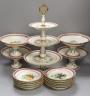 A late 19th century Paris porcelain floral part dessert service, with 2 pairs of comports, a three tier cake stand and eleven dishes.                                                                                       