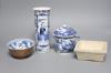 An early 20th century Chinese blue and white sleeve vase, together with a blue and white jar and cover and bowl, and a crackle glaze censer, tallest 21cm                                                                   