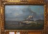 19th century style, oil on canvas, shipping in harbour including an American frigate, 9.5 x 15in.                                      