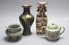 A Chinese crackle glaze tripod censer, a similar vase, a cloisonne vase and a two handled jar and cover, height 26cm                                                                                                        