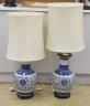 A pair of large Chinese blue and white table lamps - base: 48cm tall                                                                                                                                                        