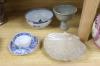 A Chinese blue and white bowl, diameter 15cm, a tea bowl and saucer, a crackleglaze shell dish and a celadon glazed stem cup                                                                                                