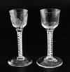 Two double series opaque twist stem cordial glasses, c.1760, H. 14.5cm, one foot chipped                                               