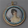 An Edwardian 9ct gold, seed pearl and enamel set locket portrait pendant, 37mm.                                                        