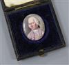 An 18th century enamel miniature of a gentleman wearing a lilac coat 3.5 x 2.75cm, unframed                                            