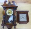 A 19th century German walnut wall clock with pendulum and key, height 58cm, and a mahogany barometer                                                                                                                        