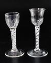 Two double series opaque twist stem cordial glasses, c.1760, H. 13.5 and 15cm                                                          