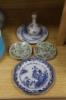 Two Chinese blue and white dishes, a famille rose vase and two Cantonese dishes, largest 23cm                                                                                                                               