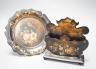A Victorian papier mache stationary rack and a dish. 24cm                                                                                                                                                                   