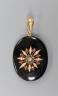 A Victorian black enamel, rose cut diamond, ruby coloured paste and seed pearl set oval mourning pendant, with glazed back and seed pearl set yellow metal bale, overall 69mm.                                              