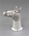 A 1970's textured silver stirrup cup, modelled as a horse's head, by Ralph H. Tugwood, 12 oz.                                          