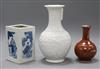 A Chinese metallic lustre bottle vase, a square brush pot, an internally decorated white vase tallest 20cm                             