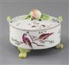 An early Derby butter tub and cover, c.1758, w. 13.5cm, crazing and scratching                                                         