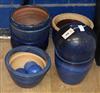 Five blue glazed garden planters and three ball ornaments                                                                              