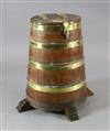 An early 19th century brass bound staved oak salt beef barrel, Overall Diam. 2ft 1in. H.2ft 5in.                                       