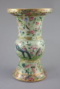 A Chinese Canton decorated celadon ground vase, zun, c.1830, 32.5cm high                                                               