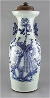 A large Chinese blue and white celadon ground 'peacock' vase, late 19th / early 20th century, height 59cm, wood stand and cover        