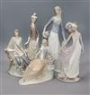 Three Lladro figures and two Nao figures                                                                                               