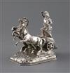 A late 19th century Hanau silver miniature model of a Roman charioteer with two rearing horses, 18 oz.                                 