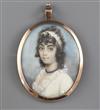 18th century English School Miniature portrait of a lady wearing a blue bead necklace 2.5 x 2in.                                       