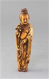 A Chinese Ming dynasty ivory figure of He Xiangu wearing a leaf cape, 17th century, 19.2cm, old restorations                           