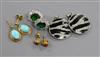 Four assorted pairs of earrings including 14k gold and coral and 9ct gold and turquoise.                                               