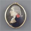 English School c.1800 Miniature profile portrait of a gentleman wearing a blue coat with red collar 2 x 1.5in.                         