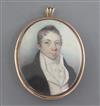 Early 19th century English School Miniature portrait of a gentleman wearing a black coat 2.75 x 2.25in.                                