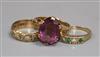 Three assorted 9ct gold rings including two gem set.                                                                                   