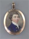 English School c.1790 Miniature portrait of a gentleman wearing a blue coat 1.25 x 1in.                                                