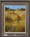 John Haskins, oil on board, Children in a cornfield, signed, 40 x 30cm                                                                 