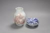 A Chinese underglaze copper red vase and a Chinese blue and white ‘dragon’ box and cover, tallest 15cm                                                                                                                      