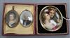 A 19th century porcelain oval panel of a lady and gentleman mounted as a brooch and two oval miniature portrait pendants.              