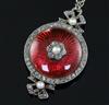 A Victorian gold, red guilloche enamel, seed pearl and rose cut diamond set circular pendant, pendant 35mm.                            