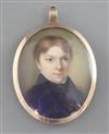 19th century English School Miniature portrait of a young man wearing a blue coat and waistcoat 2.25 x 1.75in.                         