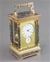 An early 20th century French ormolu and champleve enamel hour repeating carriage alarum clock, height 7.5in.                           