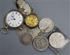 Two silver pocket watches and mixed coins.                                                                                             