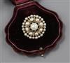 A Victorian yellow metal, rose cut diamond and untested pearl cluster brooch in antique shell shaped box, 26mm.                        