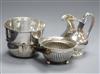 A Danish white metal brandy pan, a similar cream jug, a silver bowl and one other bowl.                                                