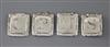 A set of four George III silver wine labels by John Reily, 4cm.                                                                        