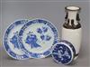 A pair of 19th century blue and white plates, a crackle glaze vase and cover tallest 25cm                                              