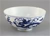 A Chinese blue and white 'dragon' bowl, Qianlong seal mark and period (1736-95), D. 14.7cm, faults                                     