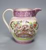 A 19th century Sunderland pink lustre jug, Masons Arms, height 18cm                                                                                                                                                         