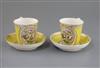 A pair of Derby Pinxton/Mansfield porcelain chocolate cups and saucers, c.1790-1800, cup 8.7cm high, saucer 14.2cm diameter            