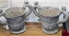 A pair of lead garden urns, with figural scroll handles W.55cm approx                                                                  