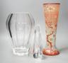 A tall Bohemian enamelled glass vase, 35cm, manner of Moser, a Moser heavy facet cut glass vase, 29.5cm, etched mark, and a Baccarat moulded glass vase (3)                                                                 